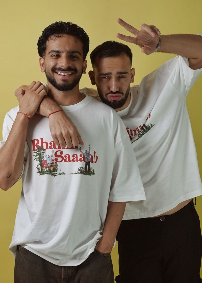 vishnu kaushal and govind kaushal wearing white t-shirts with printed designs saying bhaisaab, bhaisaaab