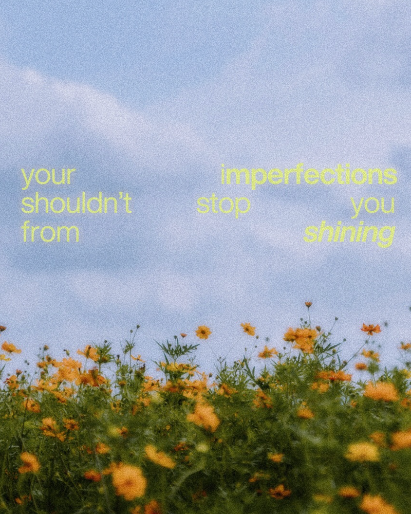 Instagram post with text overlay on a blurred background of flowers and sky
